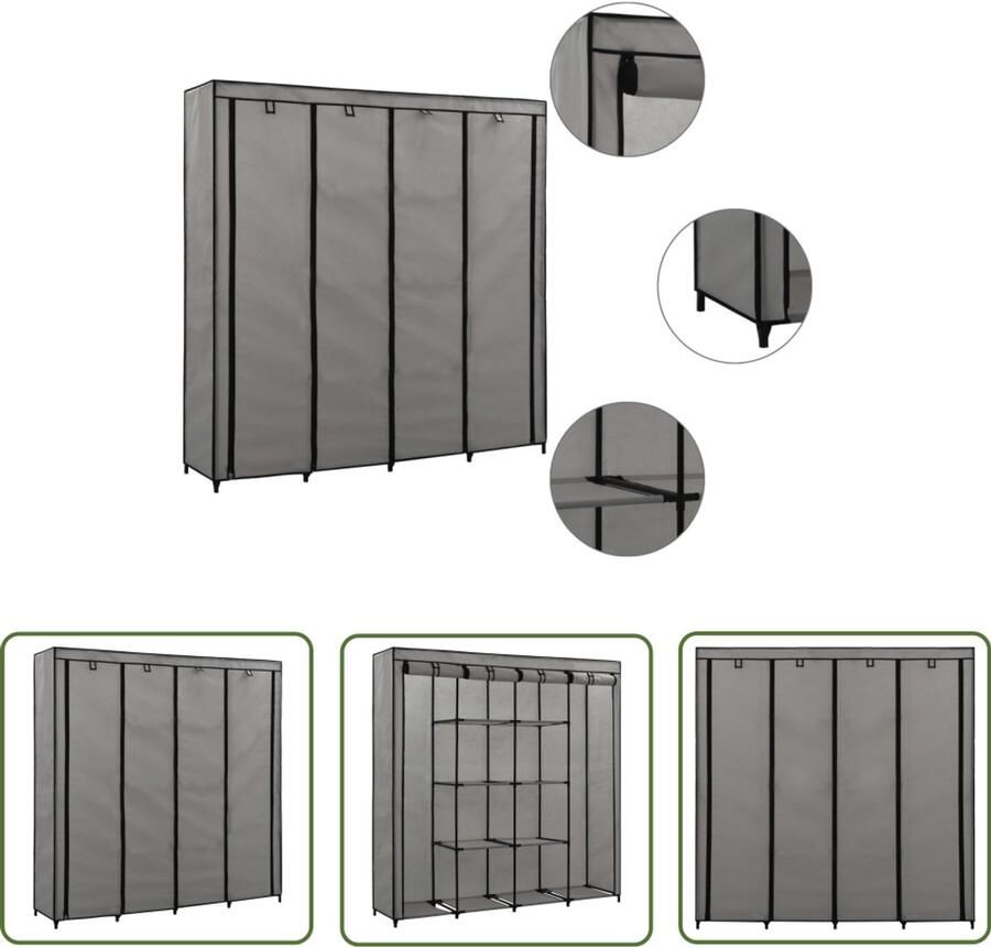 The Living Store Kledingrek Opbergoplossing 175 x 45 x 170 cm Grijs Stevig frame Met 4 vakken Kledingrek Kledingkast Opbergkast Opberger Garderobe - Foto 2
