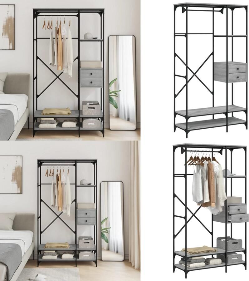 VidaXL Kledingkast met lades 100x40x180 cm bewerkt hout grijs sonoma Kledingkast Kledingkasten Opbergkast Klerenkast