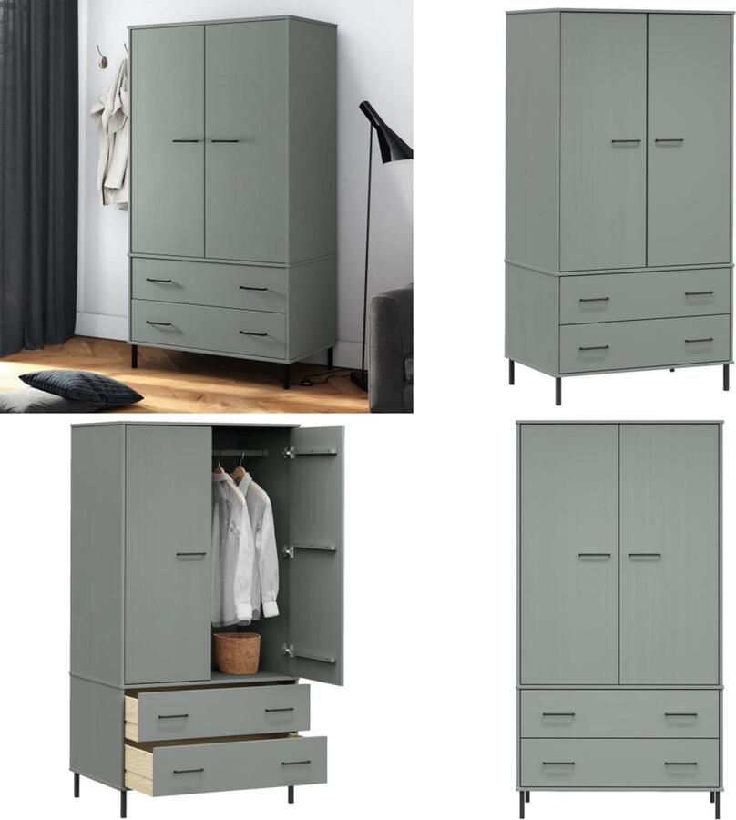 VidaXL Kledingkast met metalen poten OSLO 90x55x172 5 cm hout grijs Kledingkast Kledingkasten Garderobekast Garderobekasten