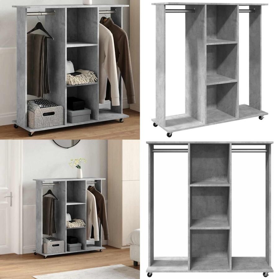 VidaXL Kledingkast met wielen 102x38x110 cm bewerkt hout betongrijs Kledingkast Kledingkasten Klerenkast Garderobekast
