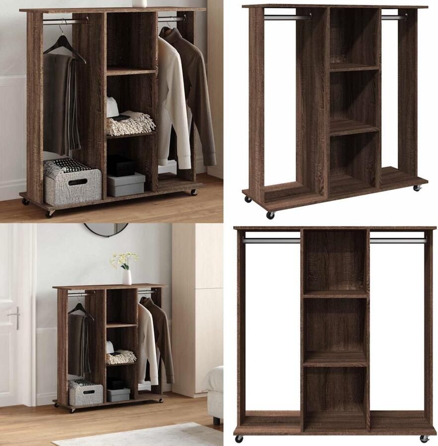 VidaXL Kledingkast met wielen 102x38x110 cm bewerkt hout bruin eiken Kledingkast Kledingkasten Klerenkast Garderobekast