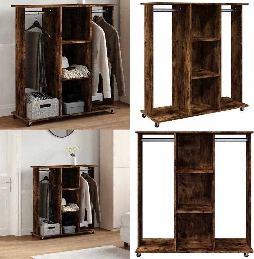 VidaXL Kledingkast met wielen 102x38x110 cm bewerkt hout gerookt eiken Kledingkast Kledingkasten Klerenkast Garderobekast