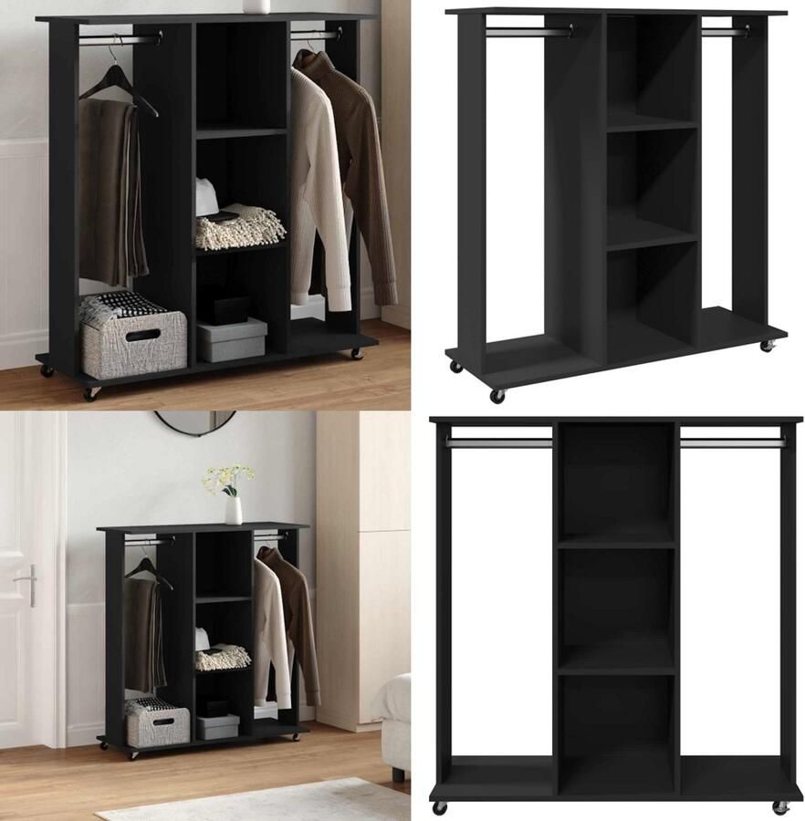 VidaXL Kledingkast met wielen 102x38x110 cm bewerkt hout zwart Kledingkast Kledingkasten Klerenkast Garderobekast