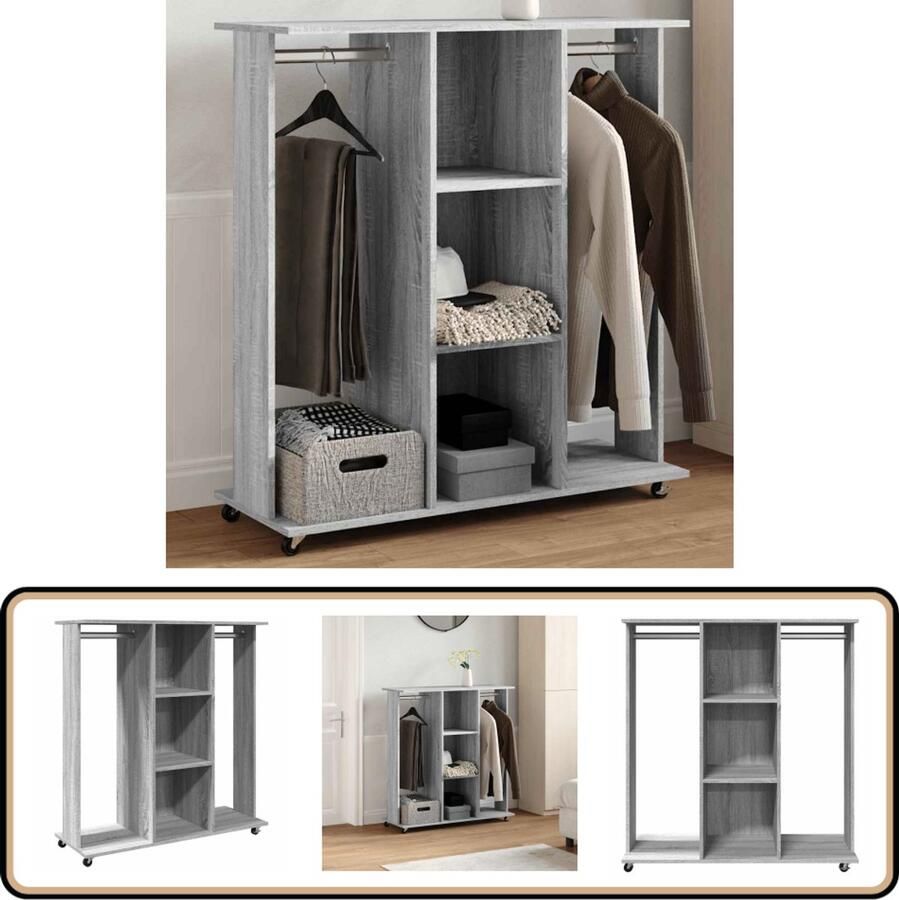 VidaXL Kledingkast met wielen 102x38x110 cm Grijs Kledingkast Opbergkast Houten Kast Grijze Kast Garderobe Dressoir Vintage Kast Minimalistisch Meubilair Kasten