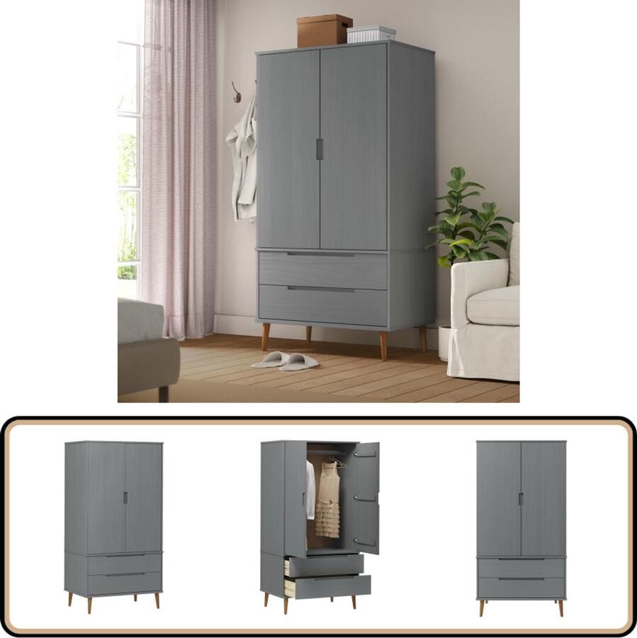 VidaXL Kledingkast MOLDE 90x55x175 cm Grijs Kledingkast Kast Scandinavisch Design Grenenhout Vintage Grijze Kleur Opbergruimte Slaapkamer