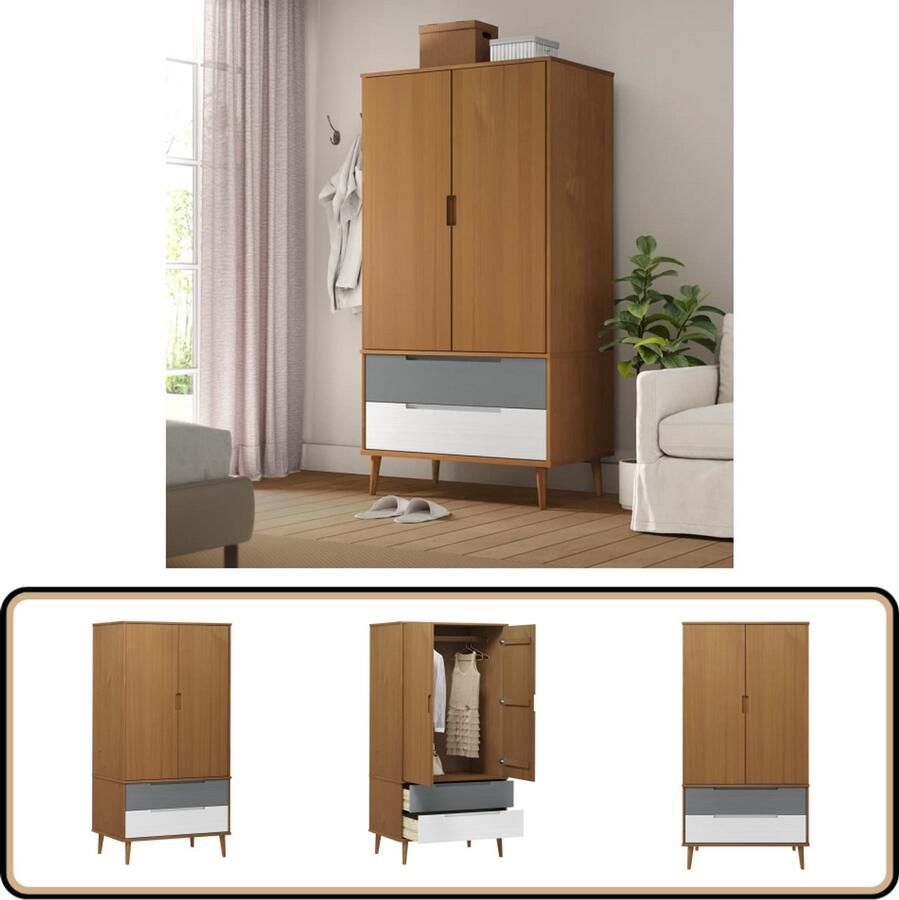 VidaXL -Kledingkast-MOLDE-90x55x175-cm-massief-grenenhout-bruin - Foto 2