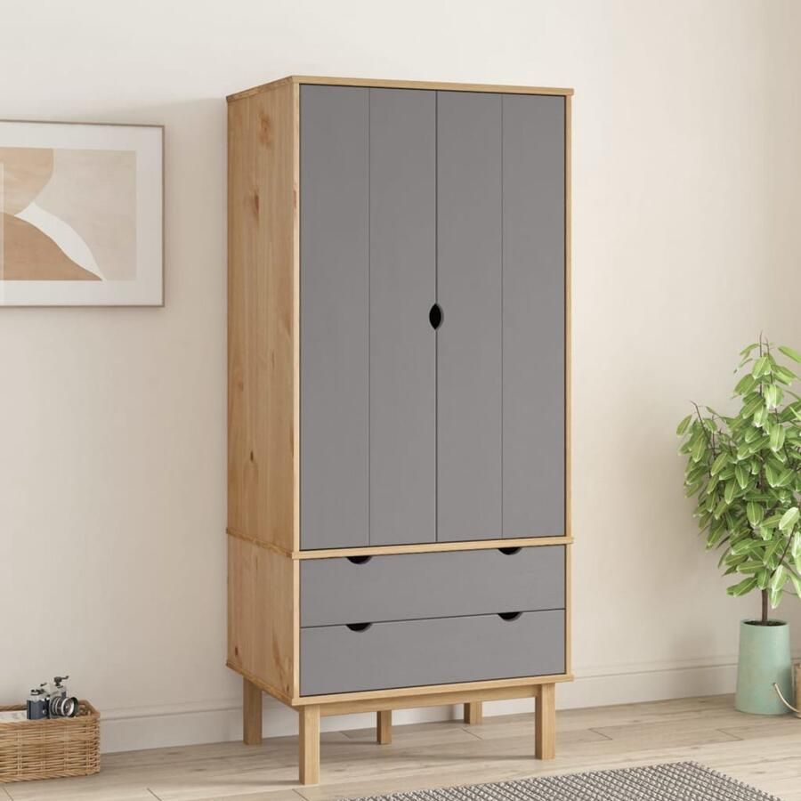 VidaXL Kledingkast OTTA 76 5x53x172 cm Bruin Grijs Houten Kast Garderobe Kledingopbergers Scandinavisch Design Bruine Kast