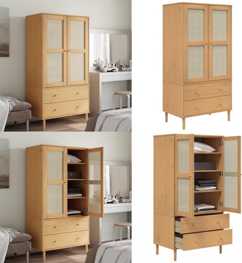 VidaXL Kledingkast SENJA 90x55x175 cm rattan look grenenhout bruin Kledingkast Kledingkasten Klerenkast Garderobekast