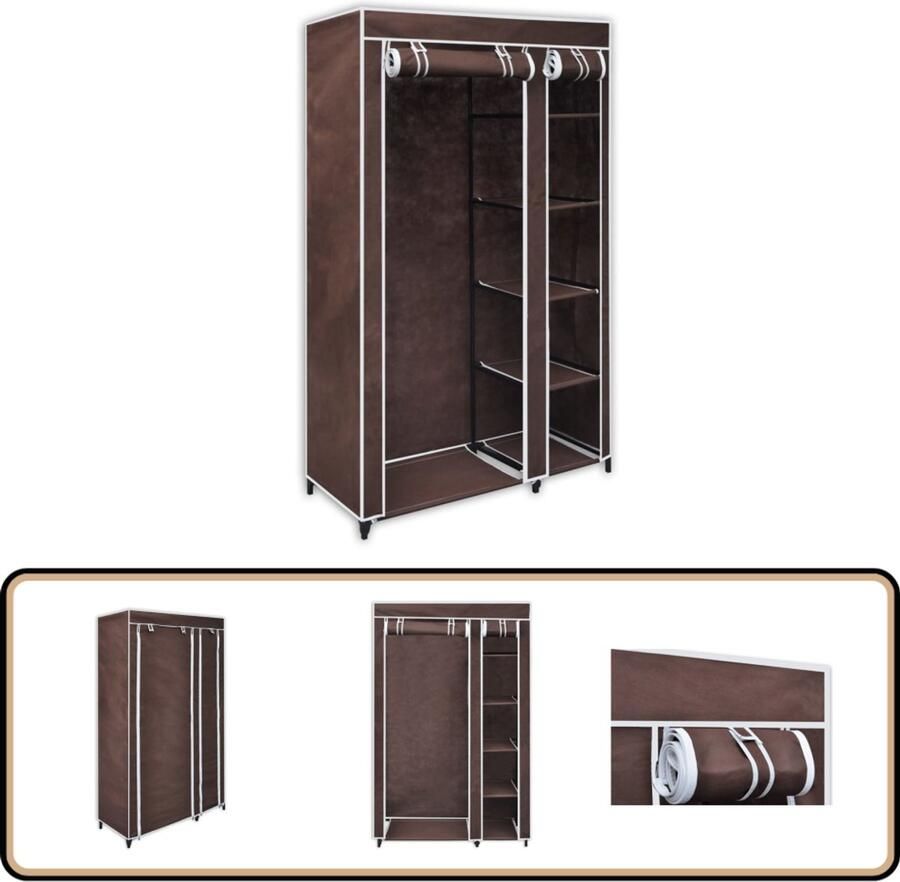 VidaXL Kledingkast stof bruin 110x45x175 cm Staal Kledingkast Opvouwbare Kast Bruine Kast Stoffige Kast Staalkast