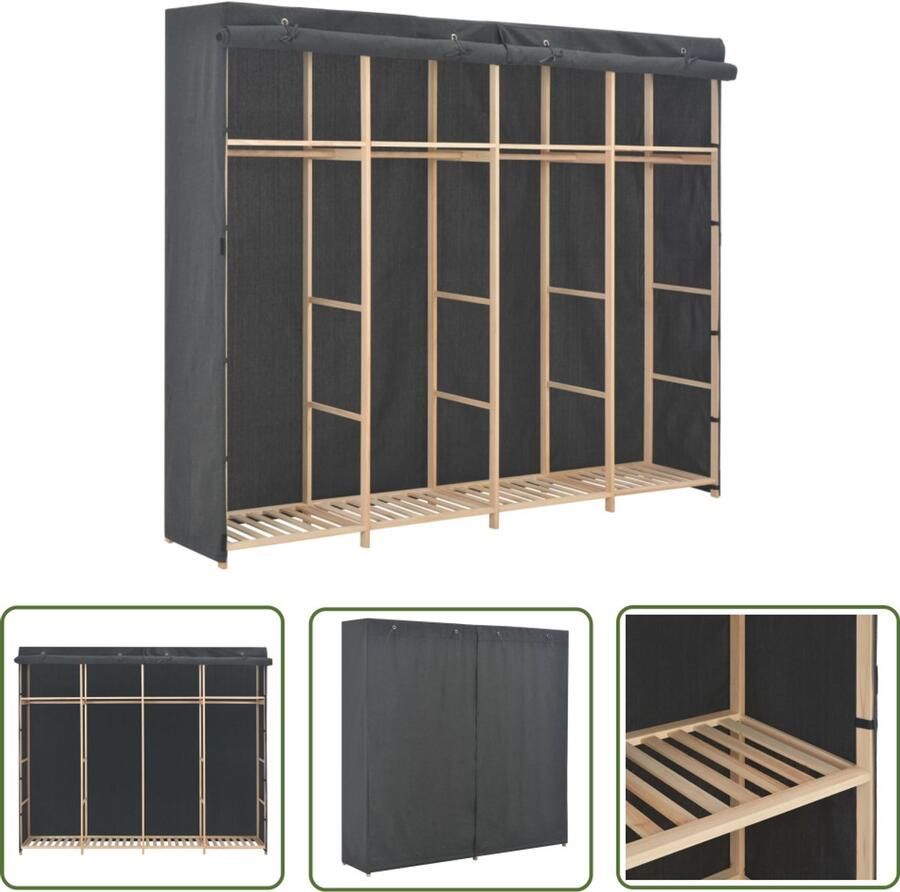 The Living Store Kledingkast functioneel grijs 200x40x170 cm stof en massief vurenhouten frame Kledingkast Garderobe Opslagruimte Kledingopslag Meubel - Foto 2