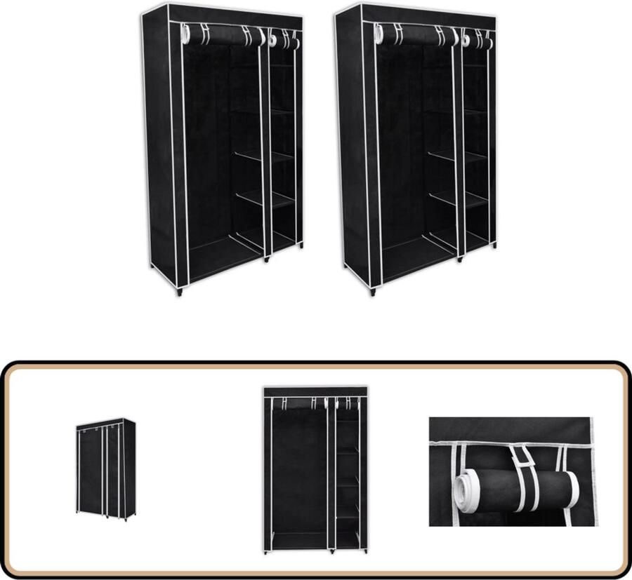 The Living Store Vouwbare Kledingkast Fleece en Stalen Buizen 110 x 45 x 175 cm Zwart Kledingkast Vouwkast Opbergkast Zwarte Kledingkast Staalkleurige Kledingkast - Foto 2