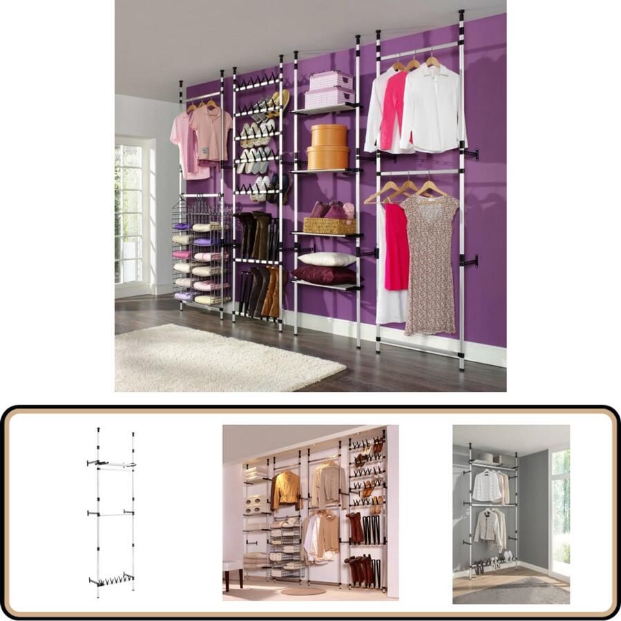 VidaXL Kledingkastsysteem Telescopisch Zilver Zwart Telescopisch Kledingrek Garderobe Organizer Kasten Organisatie Kleding Rek Aluminium Kledingrek Wandmontage Kledingrek Slimme Opbergoplossing Multifunctioneel Kledingrek
