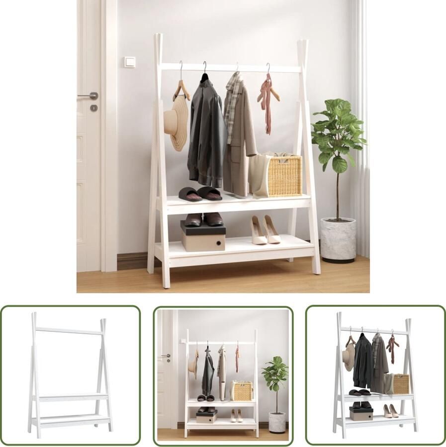 The Living Store Kledingrek Massief grenenhout Opbergruimte Stabiel Ruimtebesparend Wandmontage Montagehandleiding Wit 100x45.5x150 cm Kledingrek Kledingopbergers Garderobe Dressoir Vintage Kledingrek - Foto 2