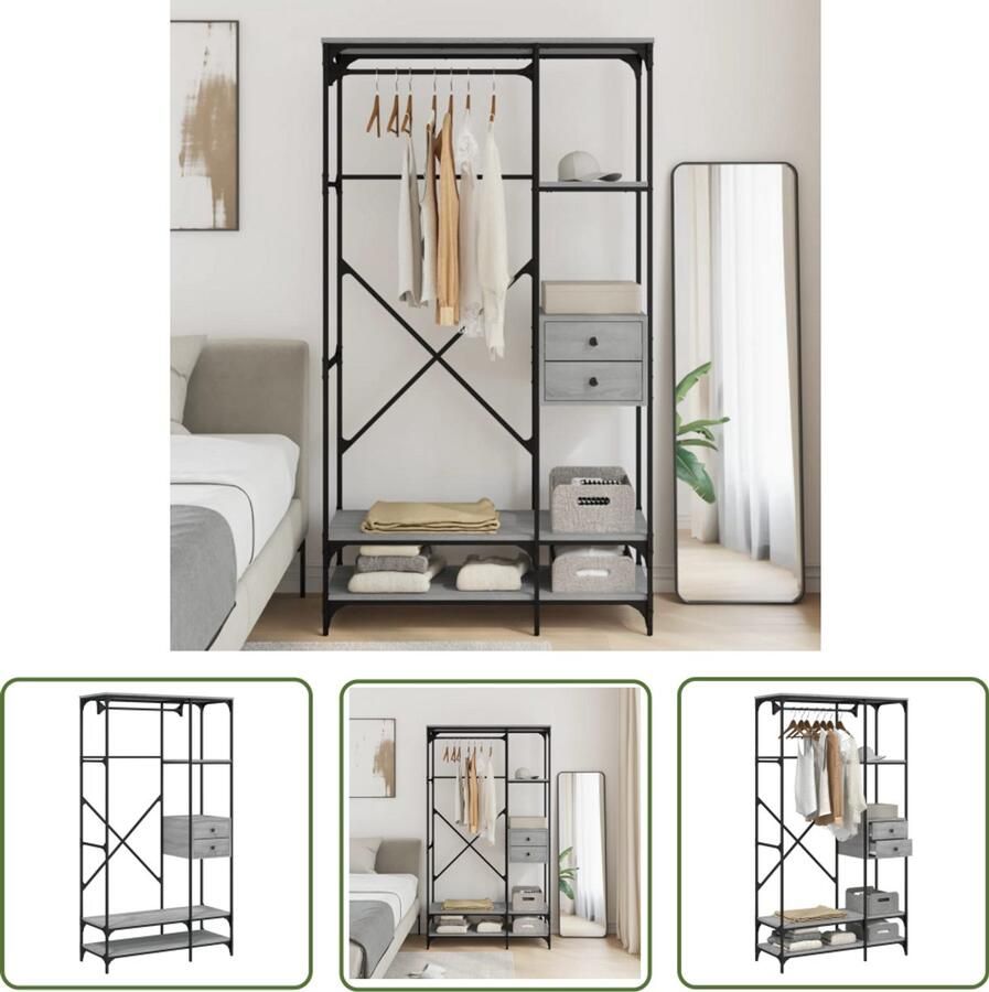 The Living Store Kledingkast met lades 100x40x180 cm bewerkt hout grijs sonoma Kledingkast Kledingopbergkast Dressoir Opbergmeubel Grijze Kledingkast