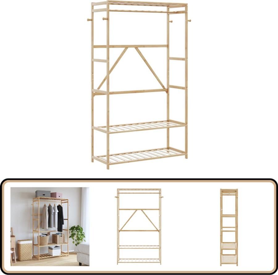 VidaXL Kledingrek 110x40x175 cm Bamboe met Schappen Bamboerekken Kledingkast Garderobe Opbergoplossing Kasten Rek