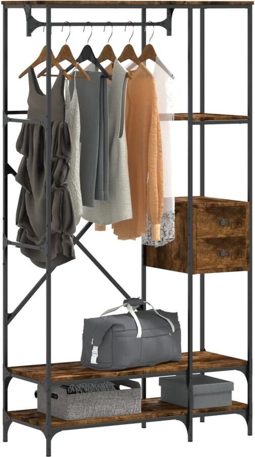 VidaXL Kledingrek Bewerkt Hout Gerookt Eiken Kledingrek Houten Kledingrek Vrijstaand Kledingrek Garderobe Opbergkast Bergruimte Vintage Stijl Gerookt Eiken Minimalistisch Design Multifunctioneel Meubel - Foto 2
