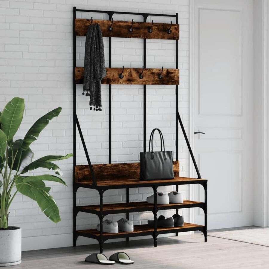 VidaXL Kledingrek Gerookt Eiken 100x40x184 cm Kledingrek Kapstok Houten Kasten Garderobe Organizer Entree Meubilair Bruine Meubels Vintage Stijl Minimalistisch Interieur Klein Appartement Ruime Opslag Schoenuitlegger - Foto 2