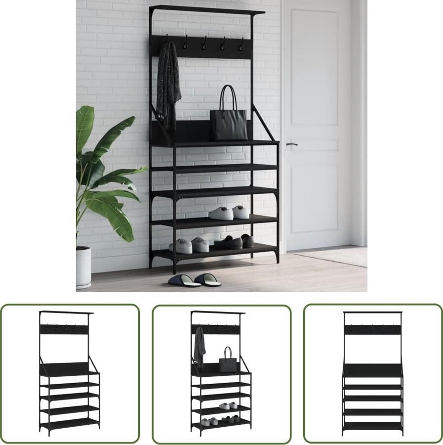 The Living Store Kapstok Zwart Ruim en Duurzaam 90 x 34 x 184 cm Kapstok Kledingrek Zwarte Kapstok Houten Kapstok Garderobe
