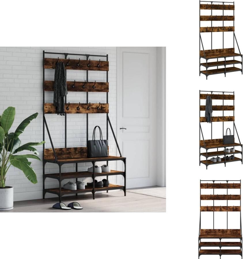 The Living Store Kledingrek met schoenenrek 100x40x184 cm gerookt eikenkleurig Kapstok Kledingrek Jassenrek Kastoplossing Houten Kapstok - Foto 2