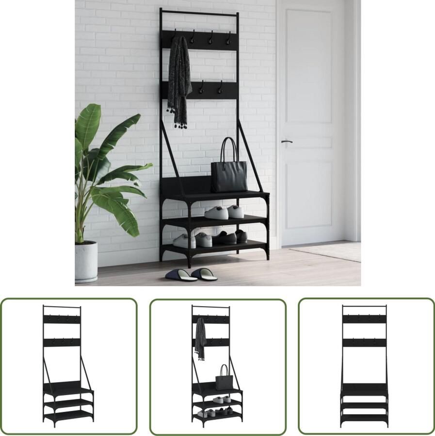 VidaXL Kledingrek met schoenenrek Zwart 70x40x184 cm Kledingrek Kapstok Zwarte Kapstok Houten Kapstok Slimme Opbergoplossingen Garderobe Organizer Entreehal Meubilair Klein Appartement Meubel