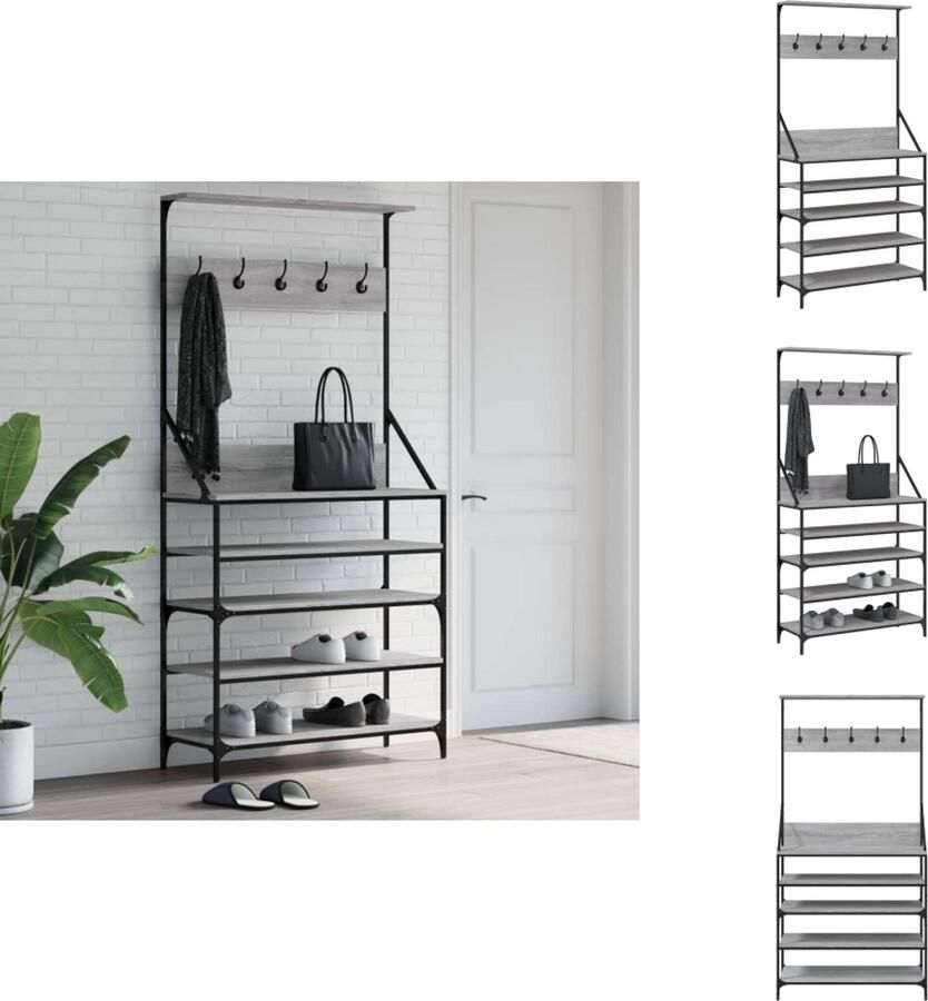 VidaXL Kledingrek Kledingrekken Kapstok Jassenrek Kledingrek met schoenenrek 90x34x184 cm grijs sonoma eikenkleur