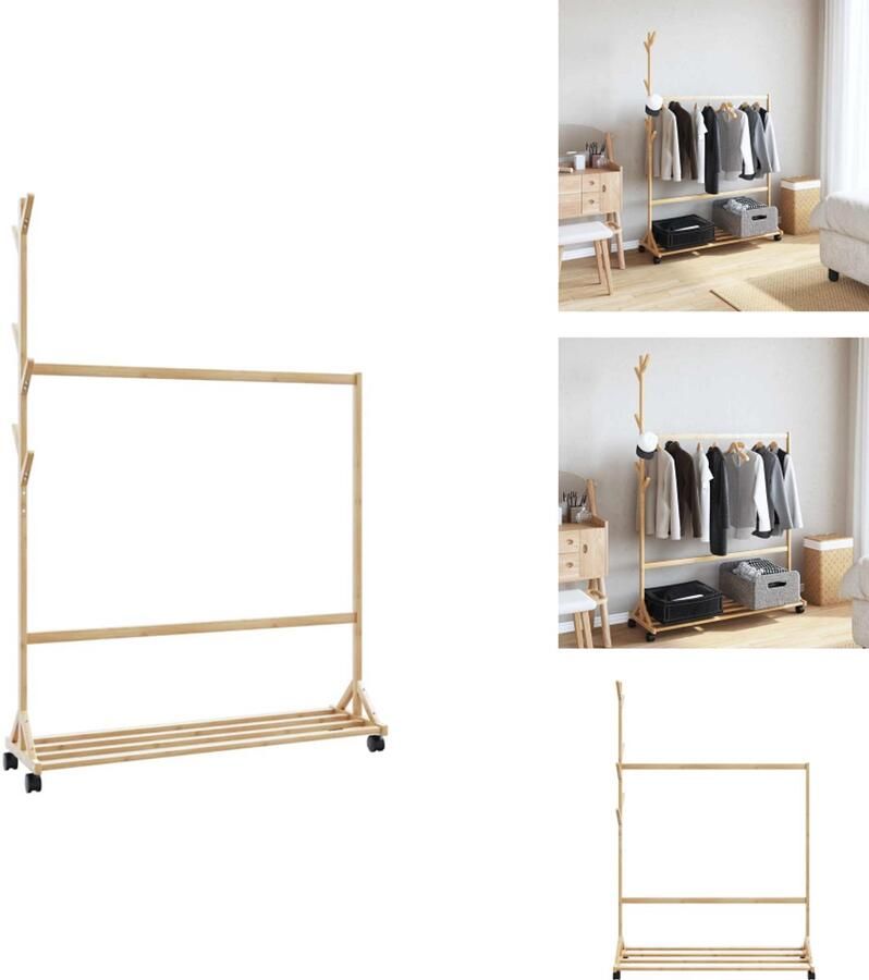 VidaXL Kledingrek Kledingrekken Kapstok Kleerhangerrek Kledingrek met haken en wielen 100x35x157 cm bamboe