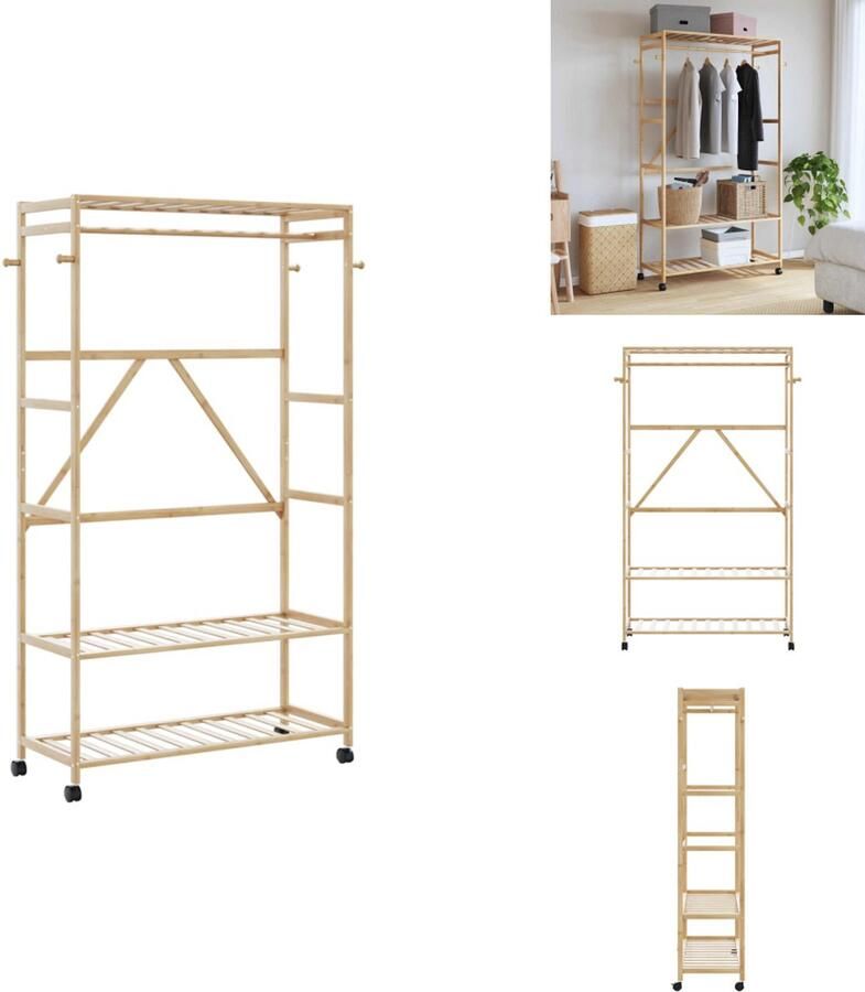 VidaXL Kledingrek Kledingrekken Kapstok Kleerhangerrek Kledingrek met schappen en wielen 110x40x180 cm bamboe