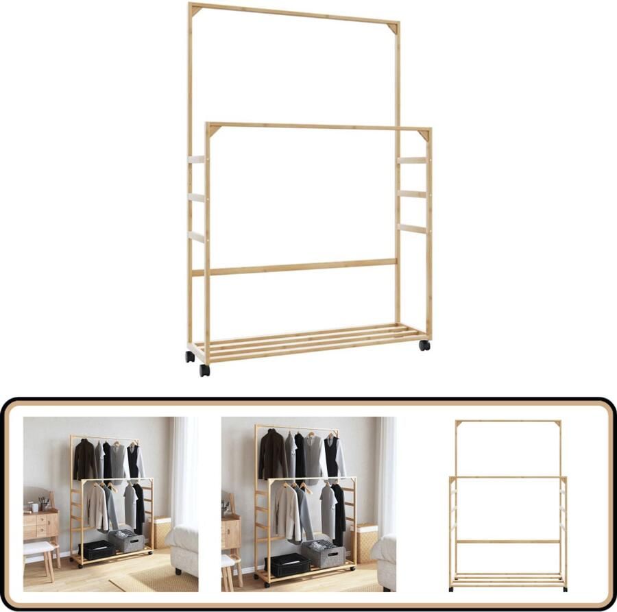 VidaXL Kledingrek Kledingrekken Kapstok Kleerhangerrek Kledingrek met schappen en wielen 90x35x155 cm bamboe
