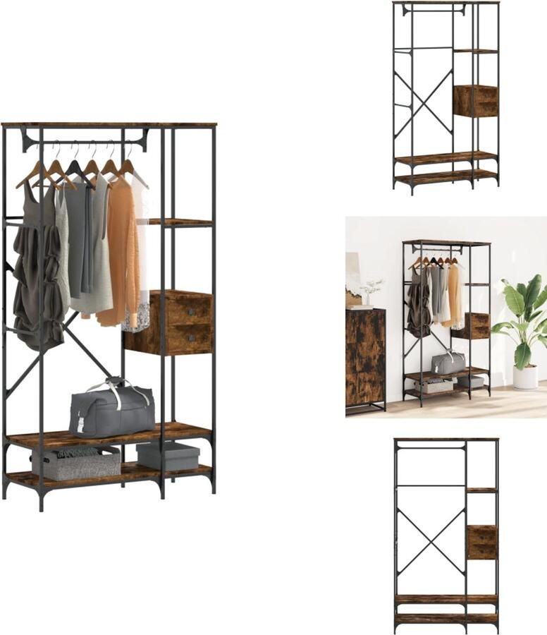 VidaXL Kledingrek Kledingrekken Klerenkast Garderobekast Kledingrek met schappen bewerkt hout gerookt eikenkleurig
