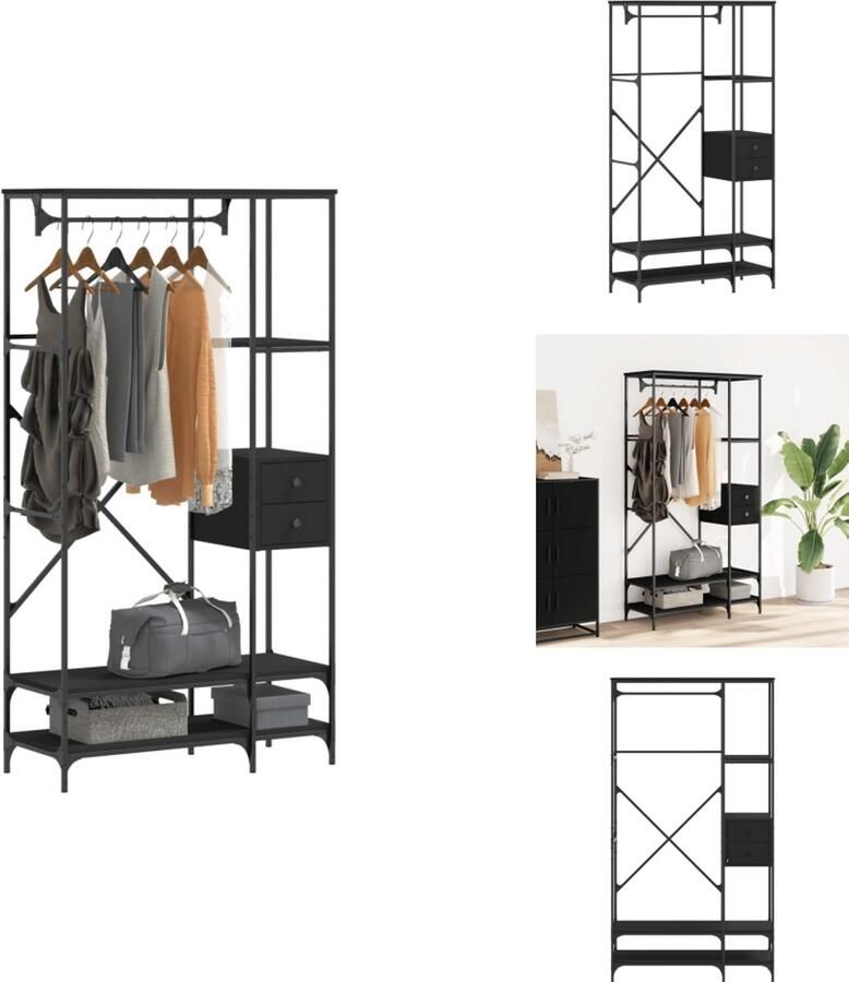 VidaXL Kledingrek Kledingrekken Klerenkast Garderobekast Kledingrek met schappen bewerkt hout zwart