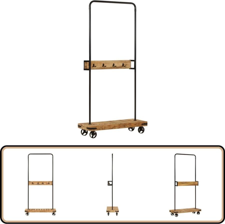 VidaXL -Kledingrek-met-wieltjes-90x35x190-cm-massief-mangohout-en-ijzer
