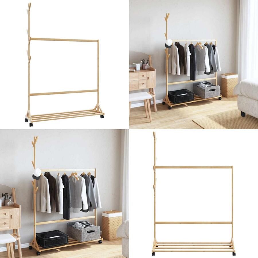 VidaXL Kledingrek met haken en wielen 100x35x157 cm bamboe Kledingrek Kledingrekken Kapstok Kleerhangerrek