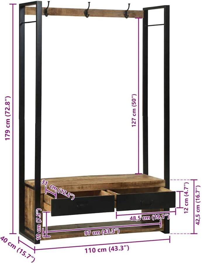 VidaXL Kledingrek met Haken en Planken 110x40x185 cm Massief Ruw Mango Hout