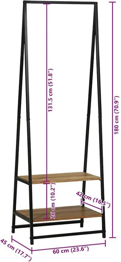 VidaXL Kledingrek met plank Zwart 60 x 45 x 180 cm Massief acaciahout - Foto 2