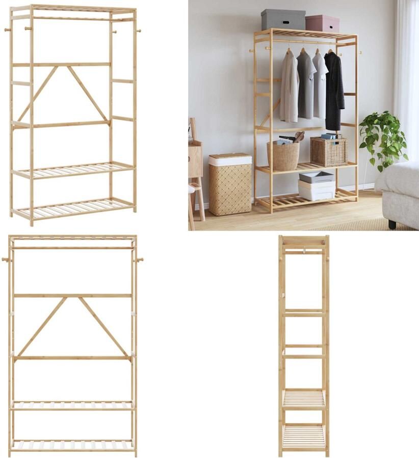 VidaXL Kledingrek met schappen 110x40x175 cm bamboe Kledingrek Kledingrekken Kapstok Kleerhangerrek