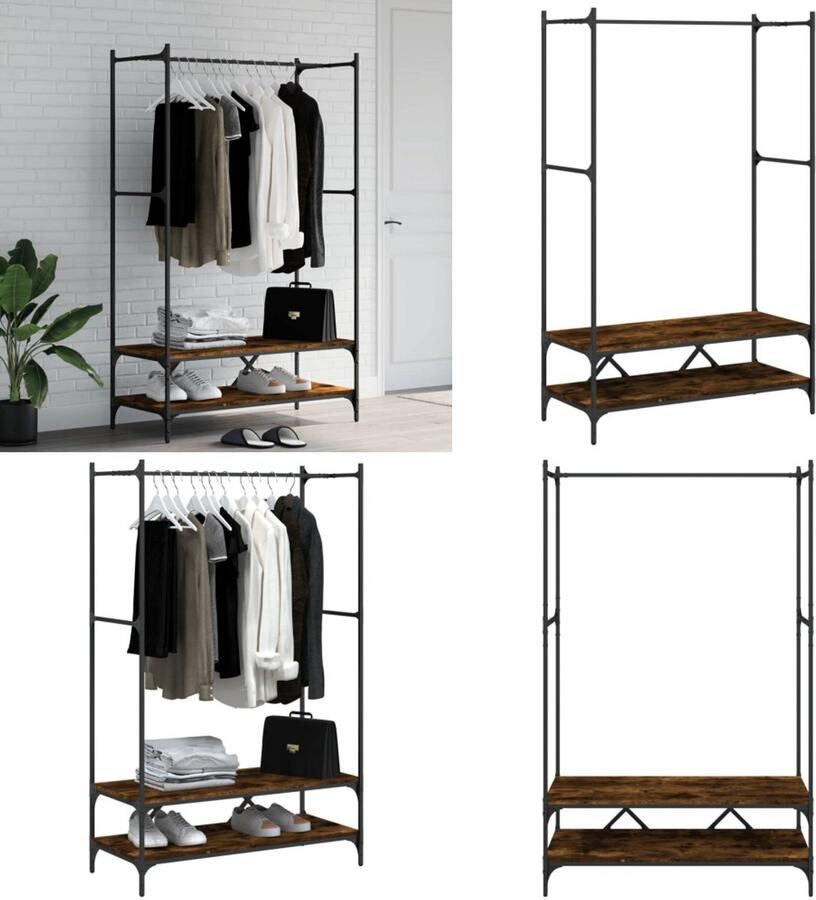 VidaXL Kledingrek met schappen bewerkt hout gerookt eikenkleurig Kledingrek Kledingrekken Kapstok Jassenrek