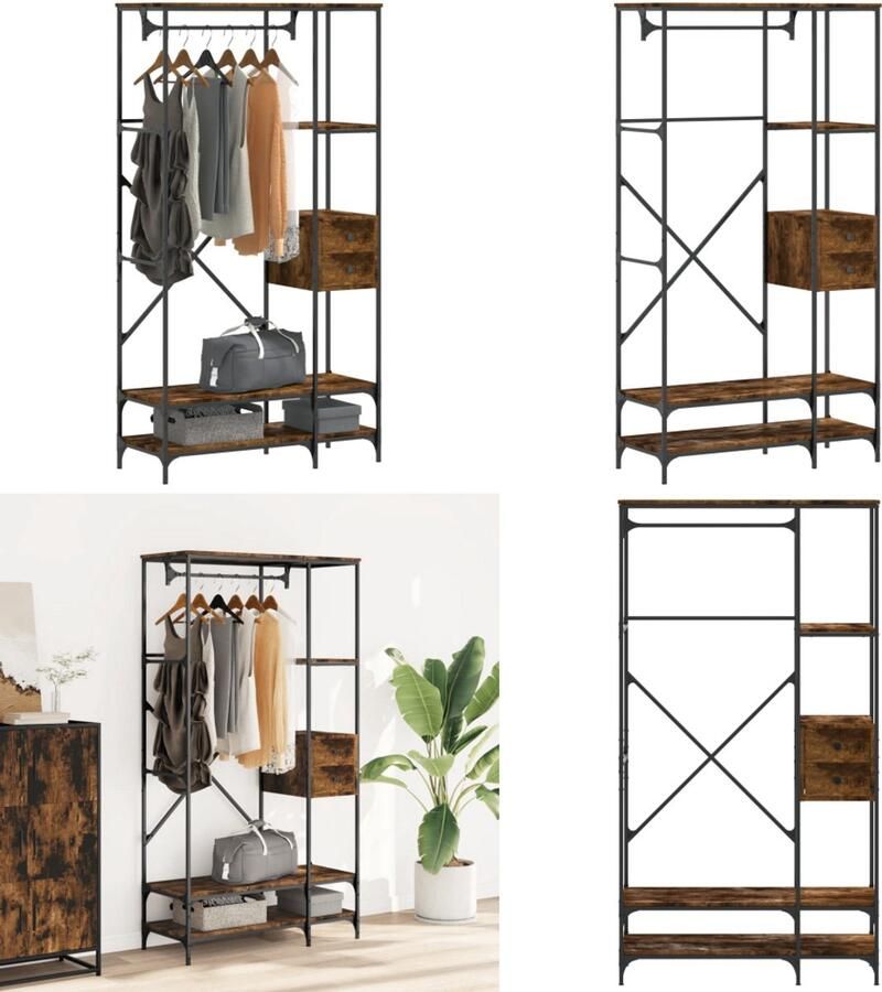 VidaXL Kledingrek met schappen bewerkt hout gerookt eikenkleurig Kledingrek Kledingrekken Klerenkast Garderobekast