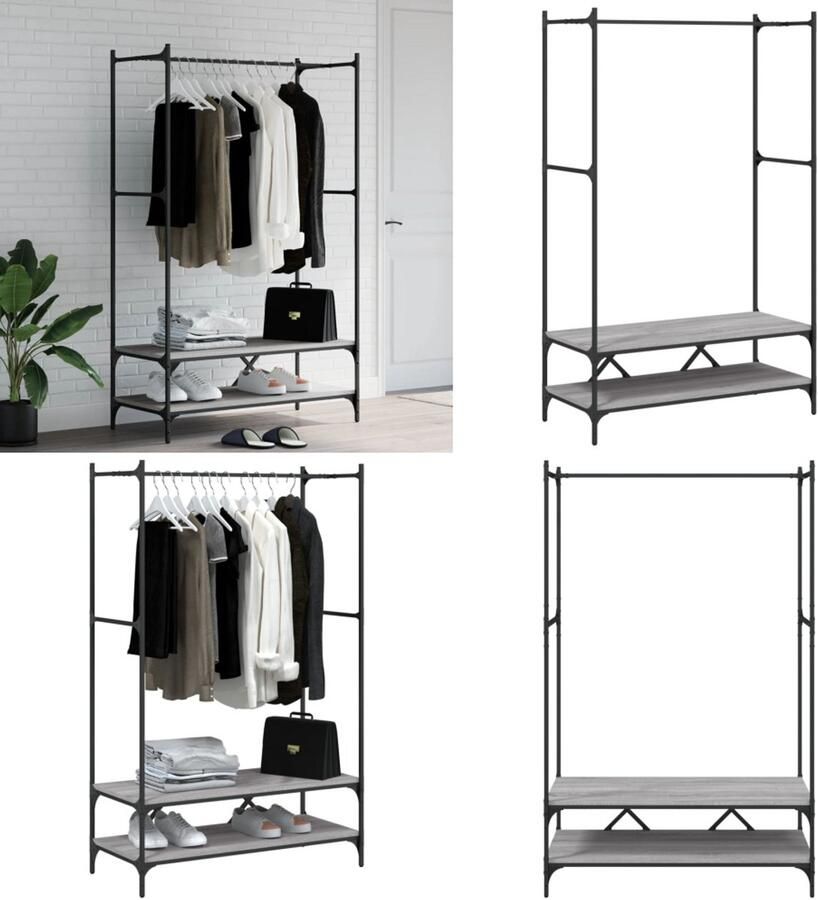 VidaXL Kledingrek met schappen bewerkt hout grijs sonoma eikenkleurig Kledingrek Kledingrekken Kapstok Jassenrek