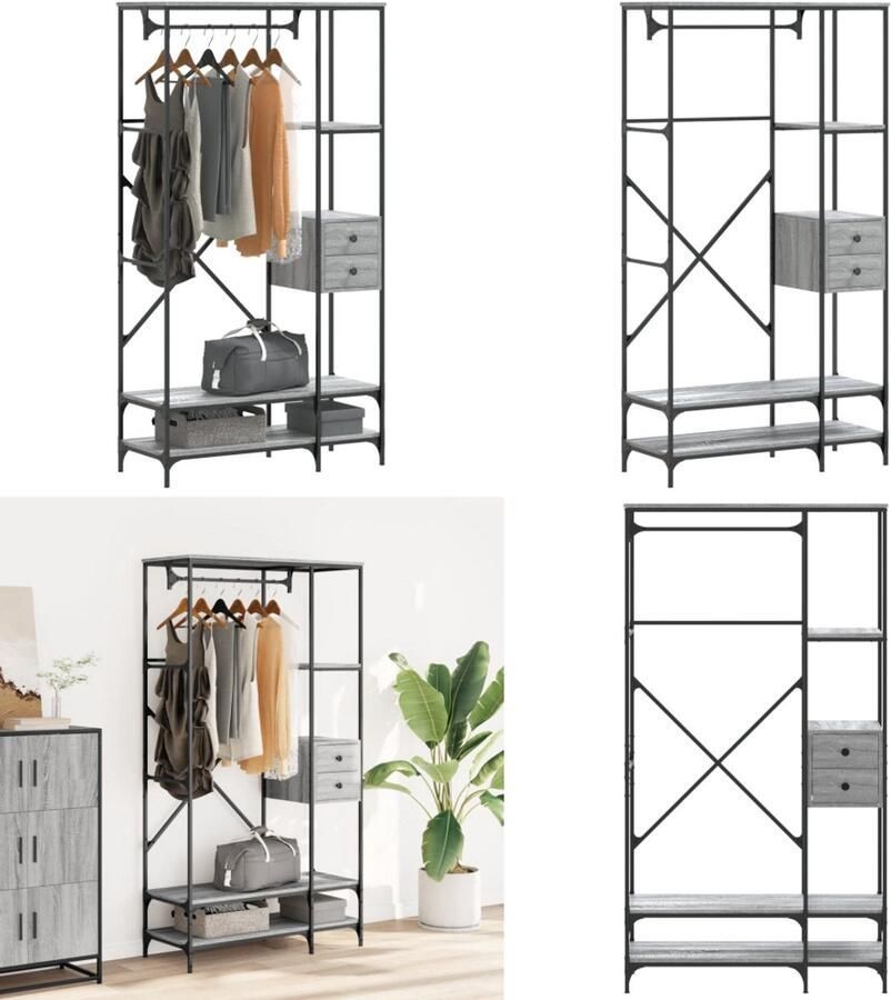 VidaXL Kledingrek met schappen bewerkt hout grijs sonoma eikenkleurig Kledingrek Kledingrekken Klerenkast Garderobekast