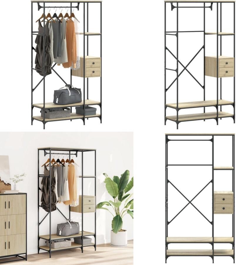 VidaXL Kledingrek met schappen bewerkt hout sonoma eikenkleurig Kledingrek Kledingrekken Klerenkast Garderobekast