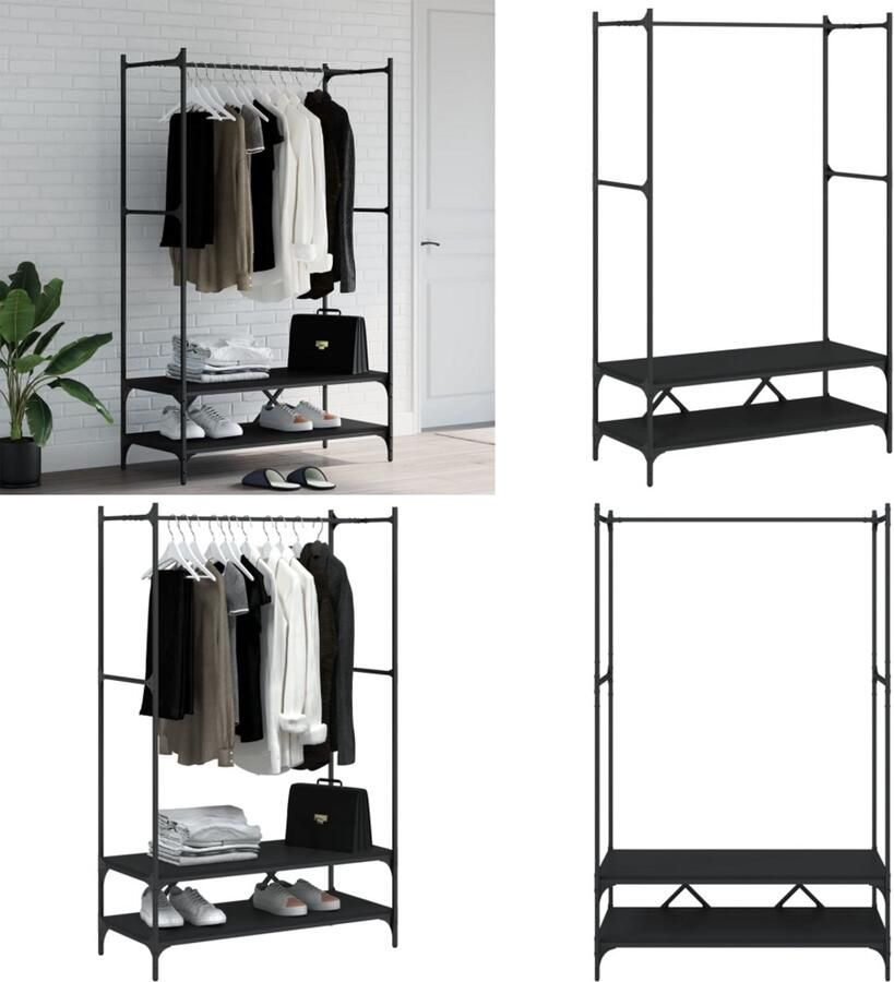 VidaXL Kledingrek met schappen bewerkt hout zwart Kledingrek Kledingrekken Kapstok Jassenrek