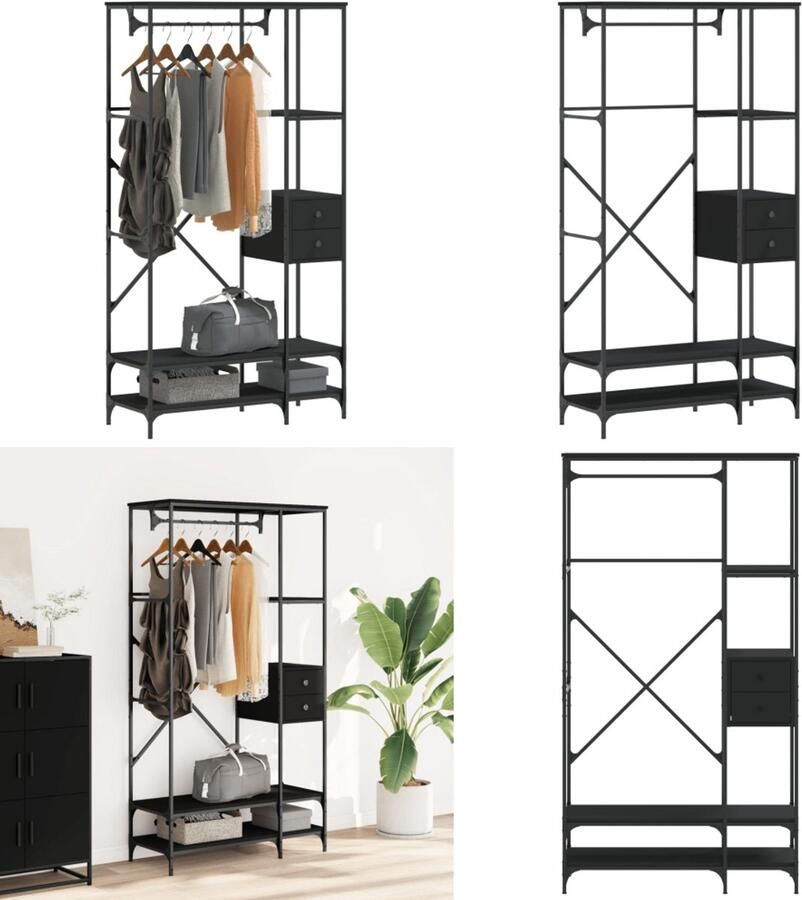 VidaXL Kledingrek met schappen bewerkt hout zwart Kledingrek Kledingrekken Klerenkast Garderobekast
