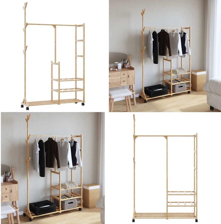 VidaXL Kledingrek met schappen en wielen 100x38x175 5 cm bamboe Kledingrek Kledingrekken Kapstok Kleerhangerrek