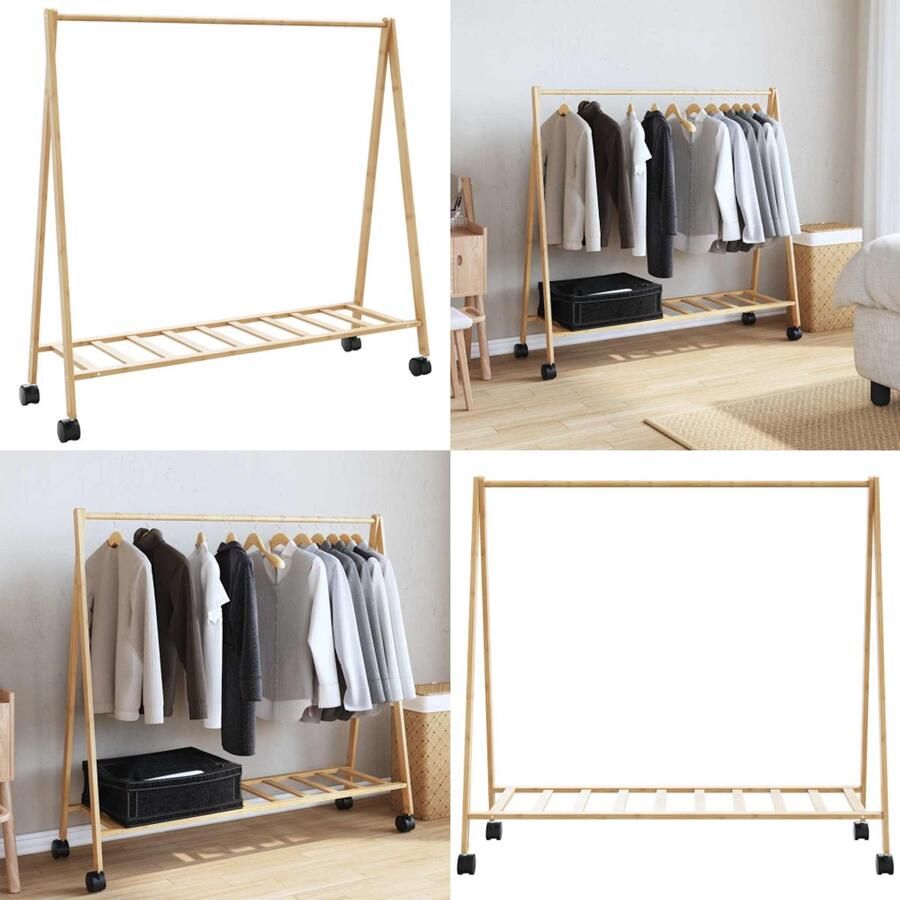 VidaXL Kledingrek met schappen en wielen 106x34x106 5 cm bamboe Kledingrek Kledingrekken Kapstok Kleerhangerrek