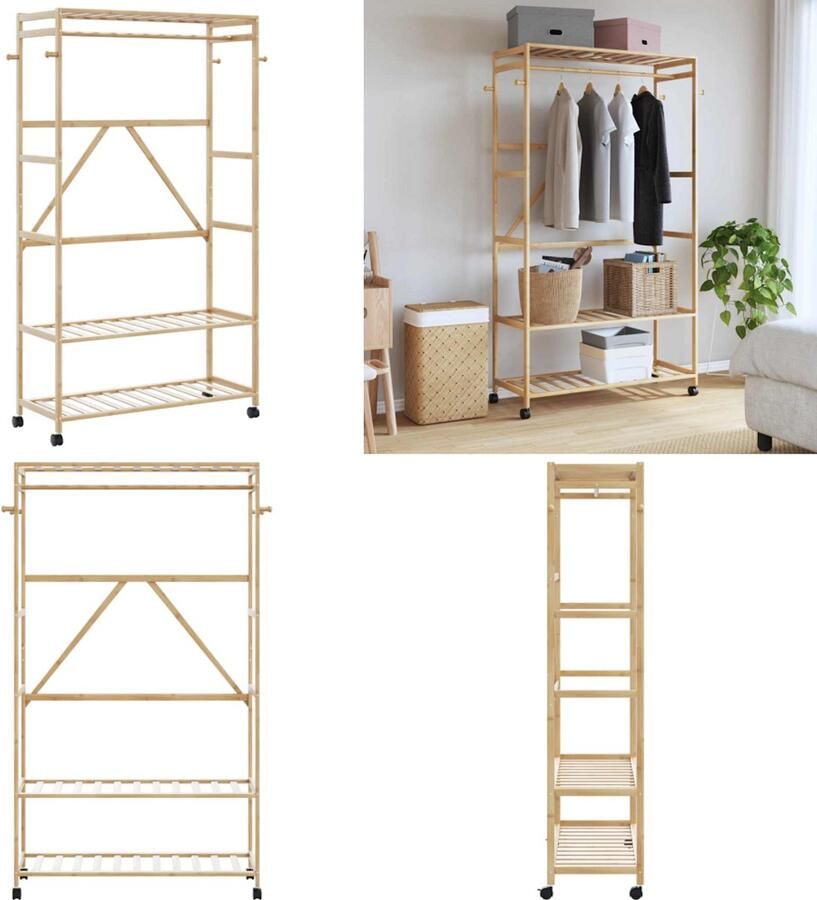 VidaXL Kledingrek met schappen en wielen 110x40x180 cm bamboe Kledingrek Kledingrekken Kapstok Kleerhangerrek