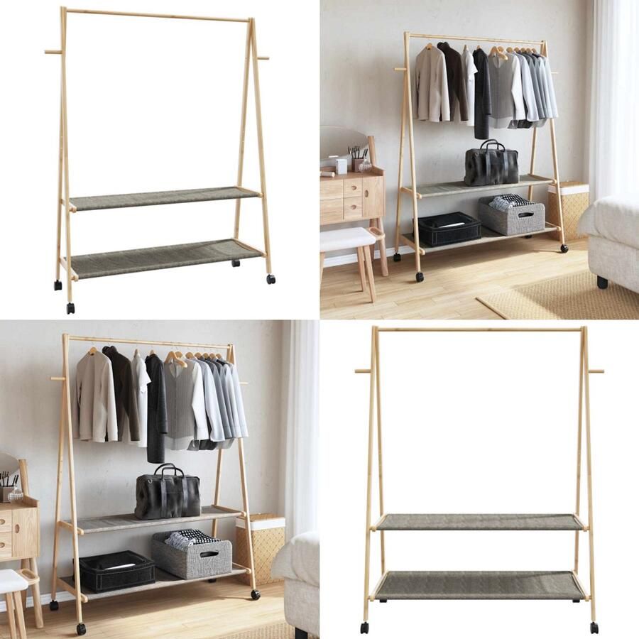 VidaXL Kledingrek met schappen en wielen 132x45 5x155 5 cm bamboe Kledingrek Kledingrekken Kapstok Kleerhangerrek
