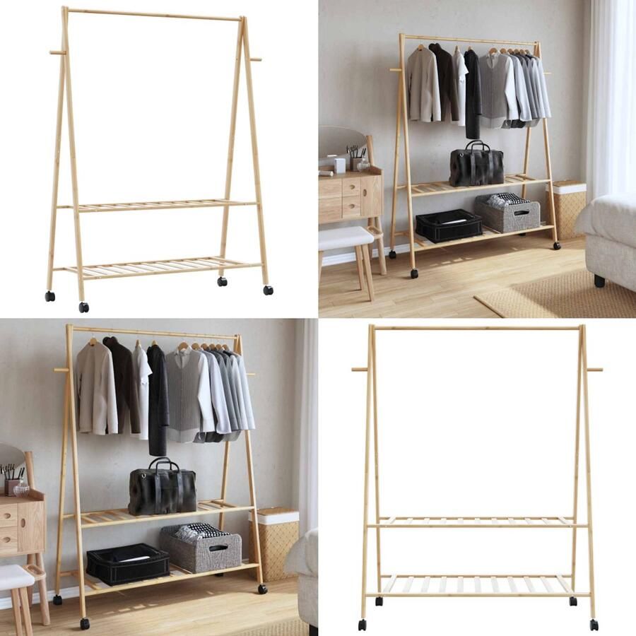 VidaXL Kledingrek met schappen en wielen 132x45 5x155 5 cm bamboe Kledingrek Kledingrekken Kapstok Kleerhangerrek