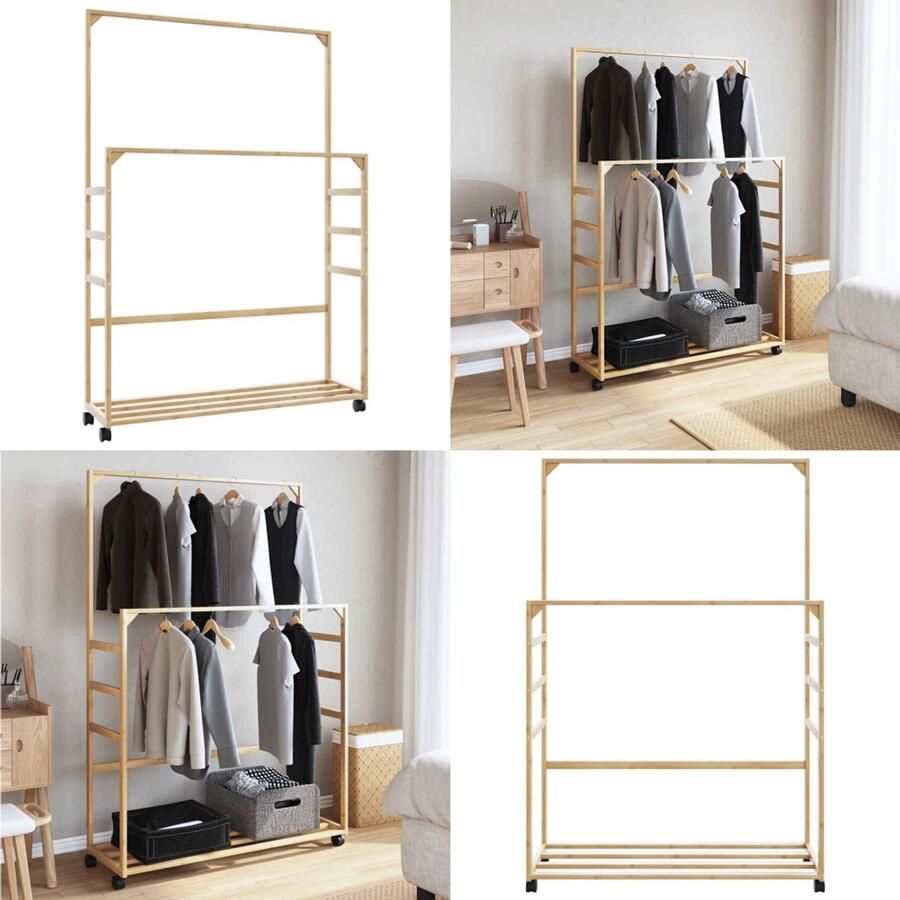 VidaXL Kledingrek met schappen en wielen 90x35x155 cm bamboe Kledingrek Kledingrekken Kapstok Kleerhangerrek