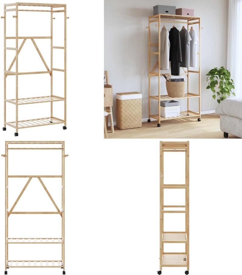 VidaXL Kledingrek met schappen en wielen 90x40x179 5 cm bamboe Kledingrek Kledingrekken Kapstok Kleerhangerrek
