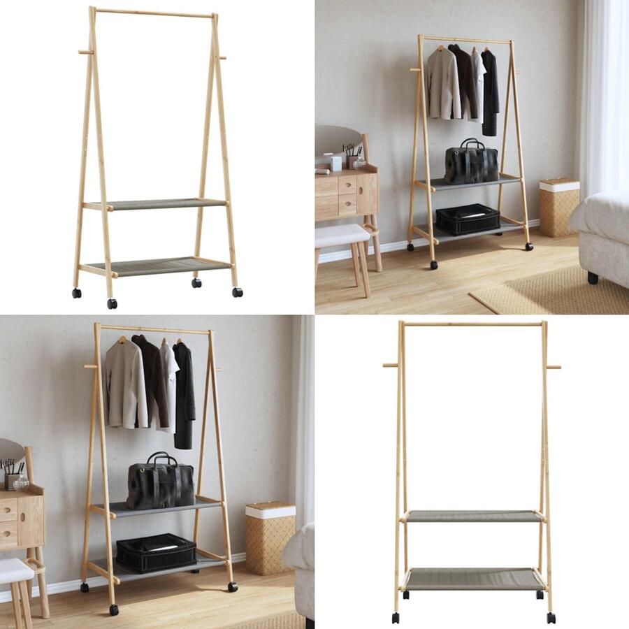 VidaXL Kledingrek met schappen en wielen 96x45 5x155 5 cm bamboe Kledingrek Kledingrekken Kapstok Kleerhangerrek